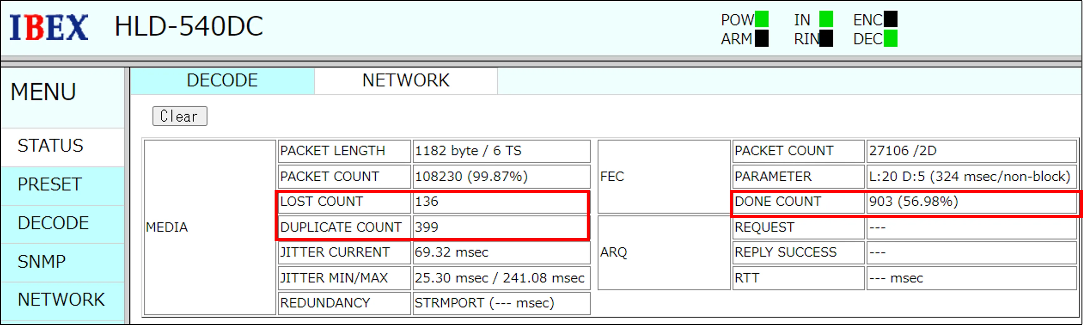 TSレート5Mbps,バッファ500msec,FEC設定時のデコーダステータス画面のキャプチャ