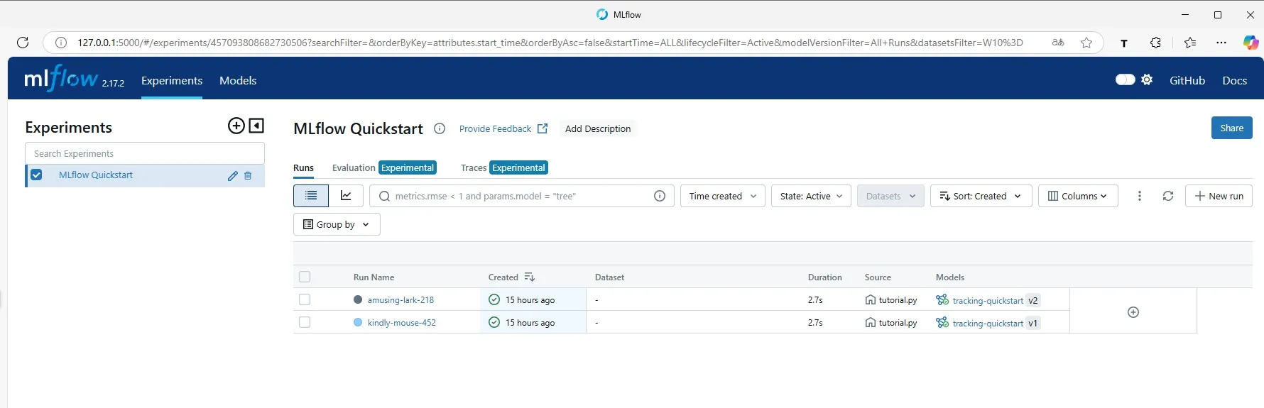 MLflowでの学習履歴一覧